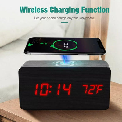 Wooden Digital Alarm Clock with Wireless Phone Charging Pad